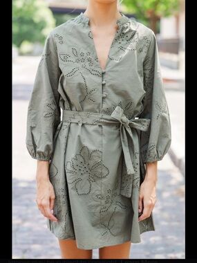 Zara Olive Green Eyelet Tie-Waist Mini Dress ⭐️Almost new⭐️